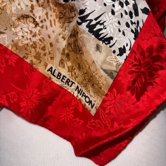 Vintage Albert Nipon Square Scarf Animal Black Brown Leopard Print Red Trim - Picture 9 of 11